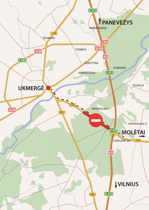 Rekonstruojamame kelyje Ukmergė–Molėtai eismas uždaromas 1,77 km ruože