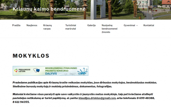 Kriaunų kaimo bendruomenės tinklapio skiltis „Kriaunų krašto mokyklų istorijos“